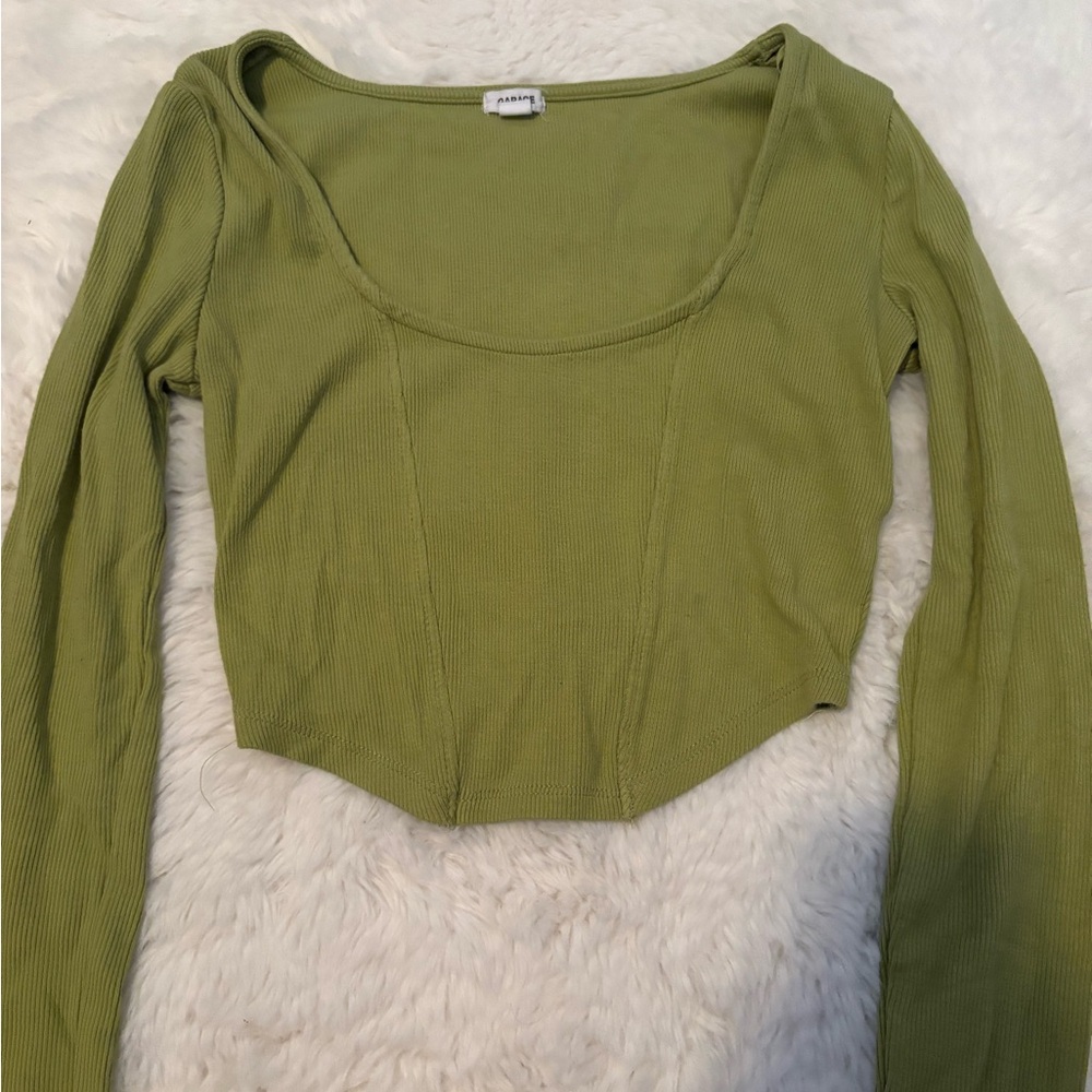 Olive Green Long Sleeve Crop Top- GARAGE